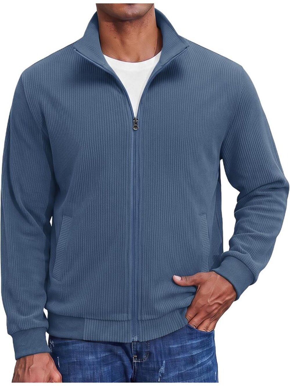 🆕Men's Light Blue Zip Up Sweatshirt Knit Cardigan Ribbed Mock Neck Outerwear